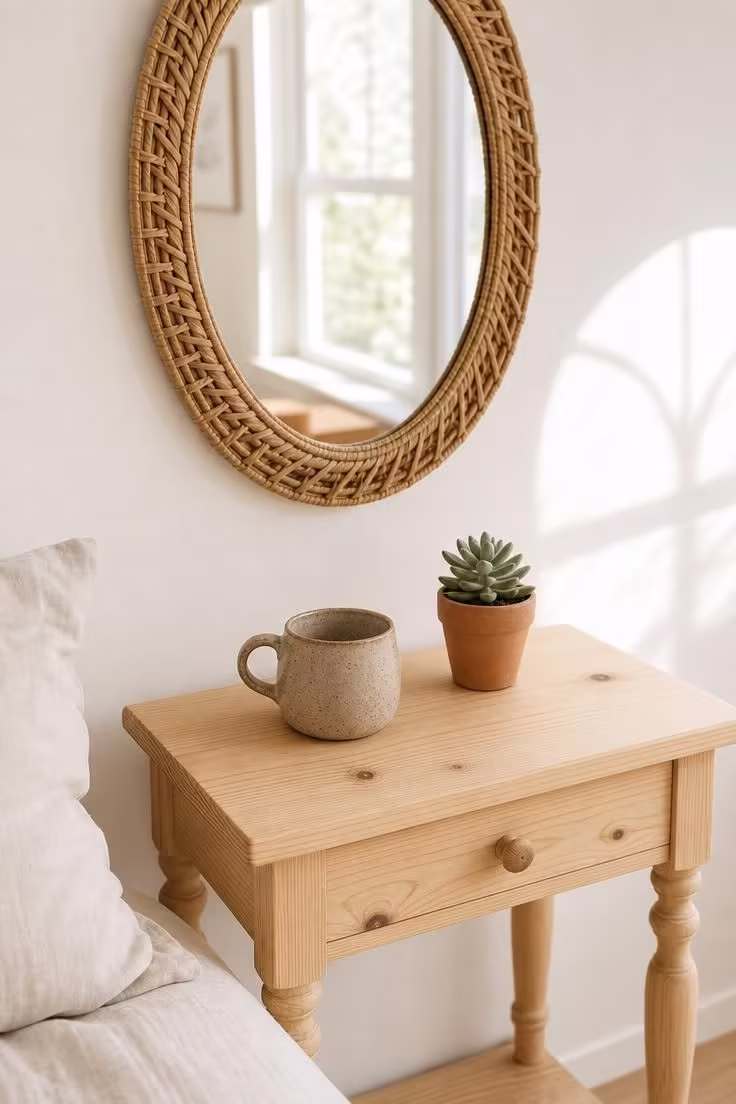 13 Modern Cottage Bedroom Ideas to Slow Your Space Down 4 Oval rattan-framed mirror hung above a raw pine side table with turned legs, a stoneware mug and small succulent on the surface, in bright midday light