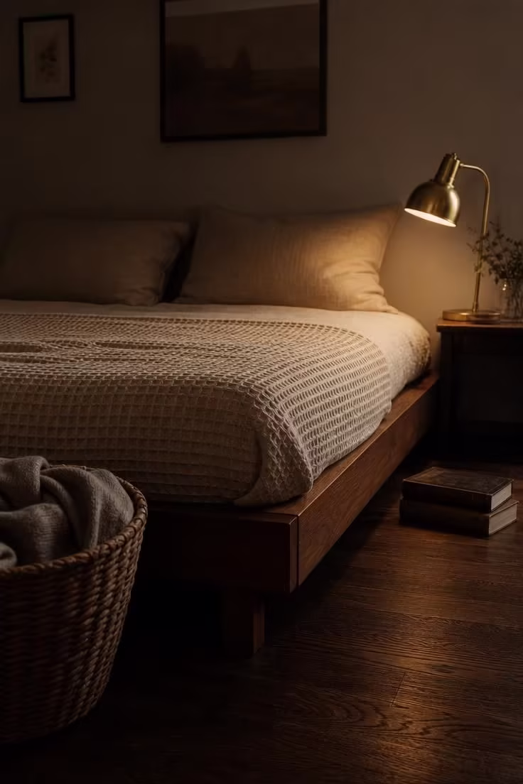 13 Modern Cottage Bedroom Ideas to Slow Your Space Down 5 Low walnut platform bed with a pale cream waffle-weave cotton coverlet, a single brass bedside lamp casting warm light, and vintage books stacked on a dark oak floor in a moody low-light setting