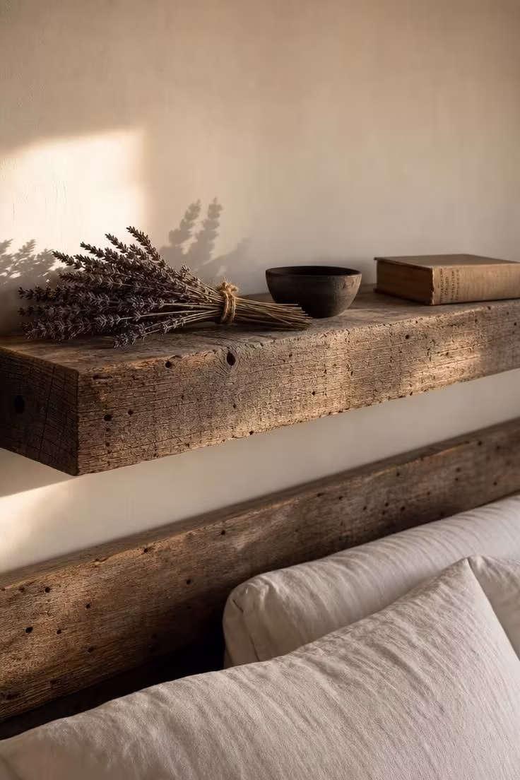13 Modern Cottage Bedroom Ideas to Slow Your Space Down 6 Thick reclaimed barn wood floating shelf with dried lavender bundles, a matte charcoal pottery bowl, and a vintage book, lit by warm golden late-afternoon light above a reclaimed wood headboard