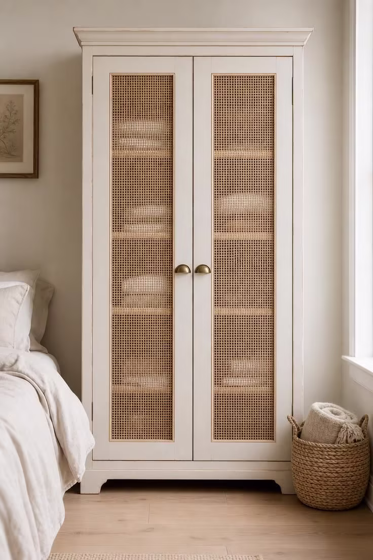 13 Modern Cottage Bedroom Ideas to Slow Your Space Down 7 Freestanding wardrobe with cane webbing panel door inserts and brushed brass cup pulls in a warm white finish, with cool overcast light filtering through the woven cane pattern