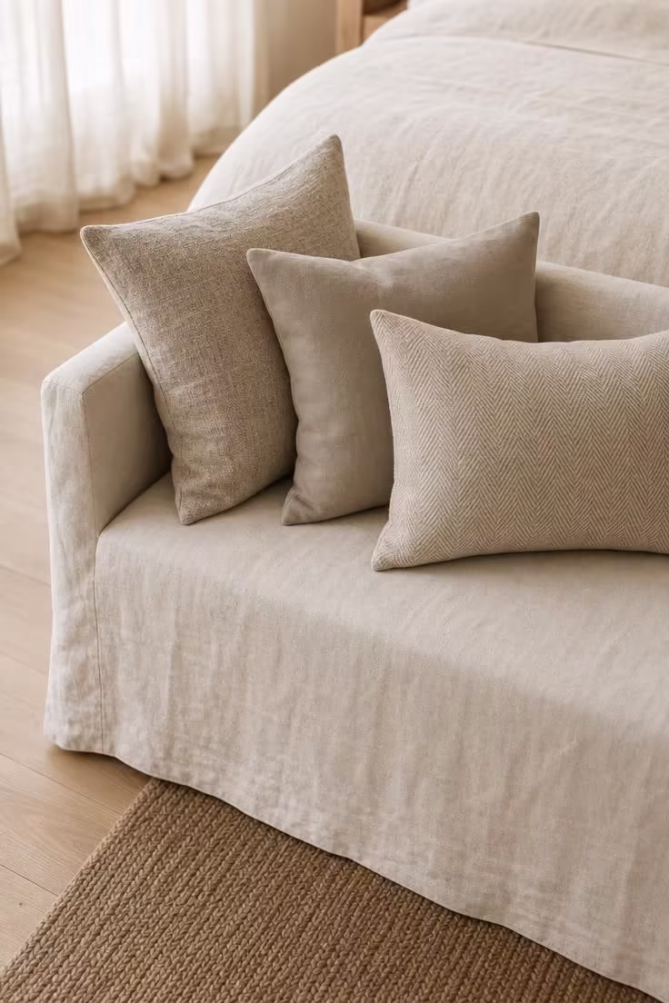 13 Modern Cottage Bedroom Ideas to Slow Your Space Down 8 Slipcovered canvas bench at the foot of a bed with three stacked linen pillows in oat, stone, and flax tones, with soft diffused light and a jute rug visible beneath