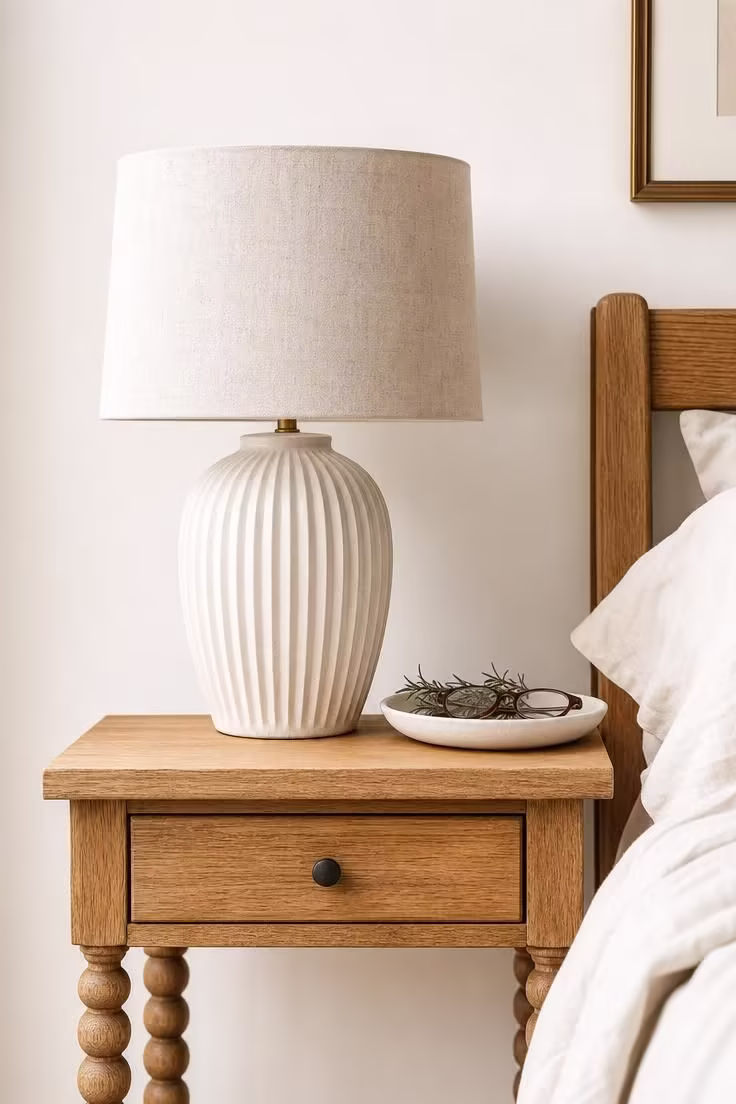 13 Modern Cottage Bedroom Ideas to Slow Your Space Down 9 Handmade fluted ceramic table lamp in matte warm white with a natural linen drum shade on a turned-leg oak nightstand, bright midday light highlighting the ribbed texture