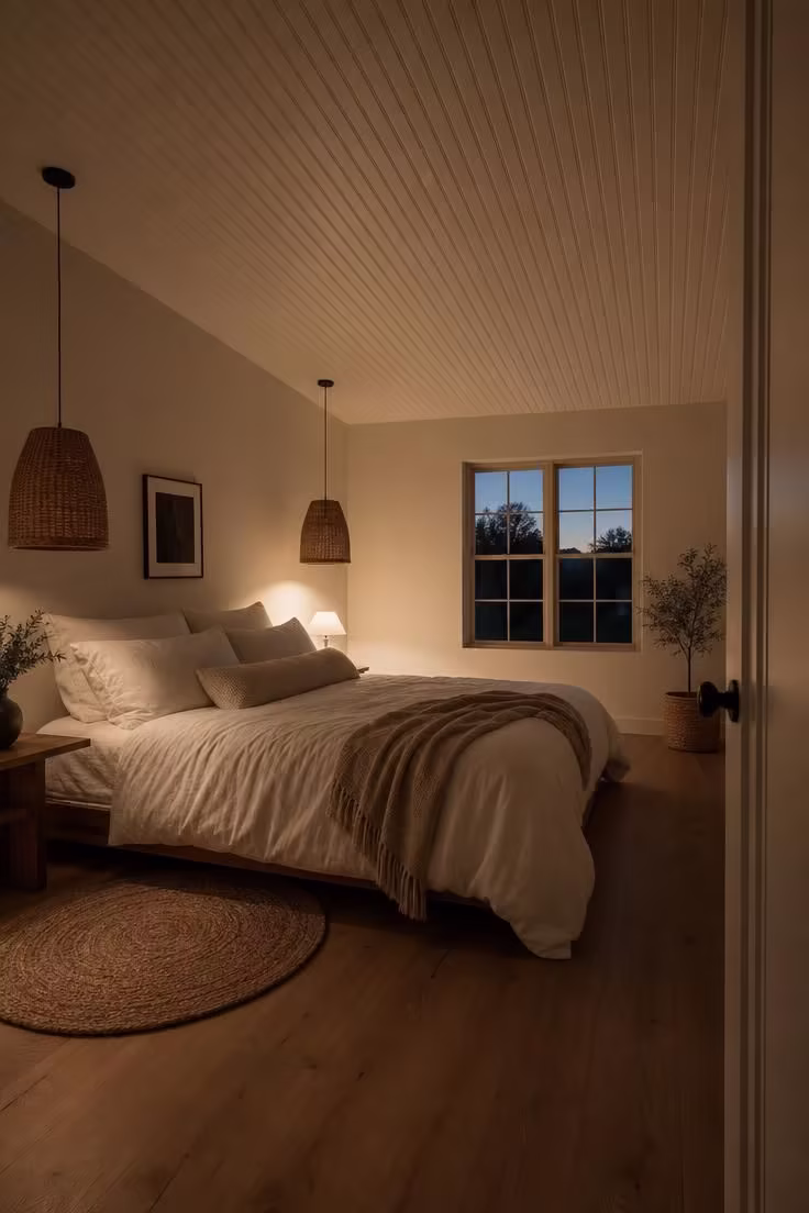 13 Modern Cottage Bedroom Ideas to Slow Your Space Down 10 Beadboard ceiling panels painted warm white with narrow shadow lines, wide-plank oak floors below, rattan pendant lights, and a low bed with white linen bedding in moody evening light