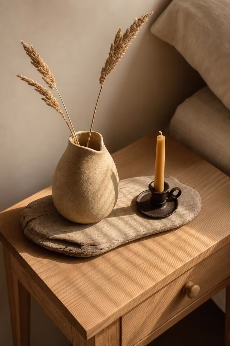 13 Modern Cottage Bedroom Ideas to Slow Your Space Down 11 Hand-thrown stoneware vase in sandy clay holding dried field grasses on a flat driftwood tray beside a beeswax taper, warm golden late-afternoon light casting long stem shadows