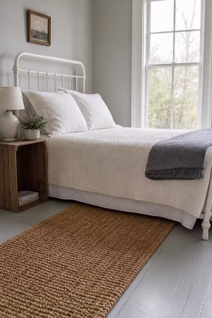 13 Modern Cottage Bedroom Ideas to Slow Your Space Down 12 Simple white iron bedframe with thin rails over a natural woven jute runner on pale gray painted wood floors, cream cotton coverlet and gray wool blanket, in cool overcast morning light