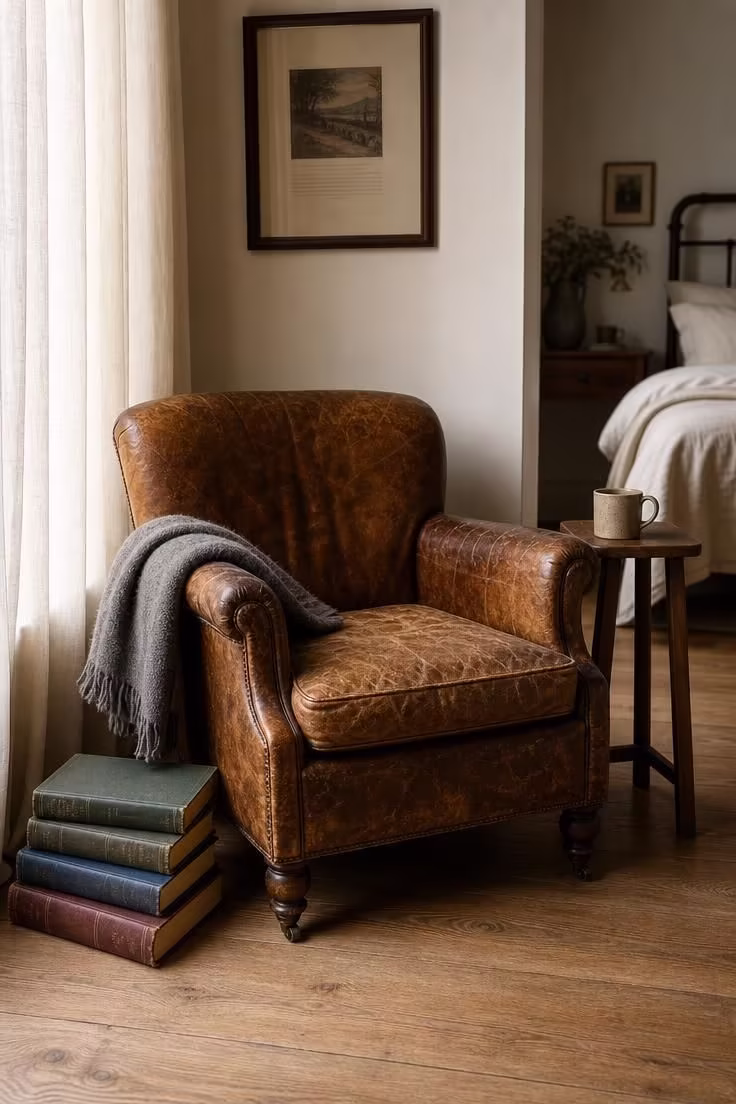 13 Modern Cottage Bedroom Ideas to Slow Your Space Down 13 Weathered cognac leather accent chair with creased patina beside stacked vintage hardcovers on a wide-plank oak floor, soft diffused window light, and a heathered gray wool throw over one arm