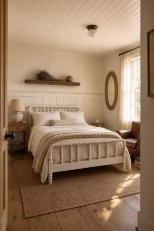 Complete modern cottage bedroom with a white spindle bed, cream linen bedding, reclaimed wood shelf with dried lavender, fluted ceramic lamp, rattan mirror, jute rug, beadboard ceiling, and a weathered leather reading chair in soft golden morning light