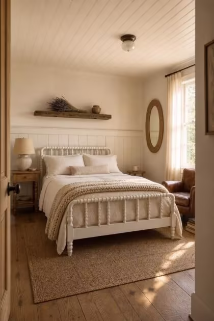 13 Modern Cottage Bedroom Ideas to Slow Your Space Down Complete modern cottage bedroom with a white spindle bed, cream linen bedding, reclaimed wood shelf with dried lavender, fluted ceramic lamp, rattan mirror, jute rug, beadboard ceiling, and a weathered leather reading chair in soft golden morning light