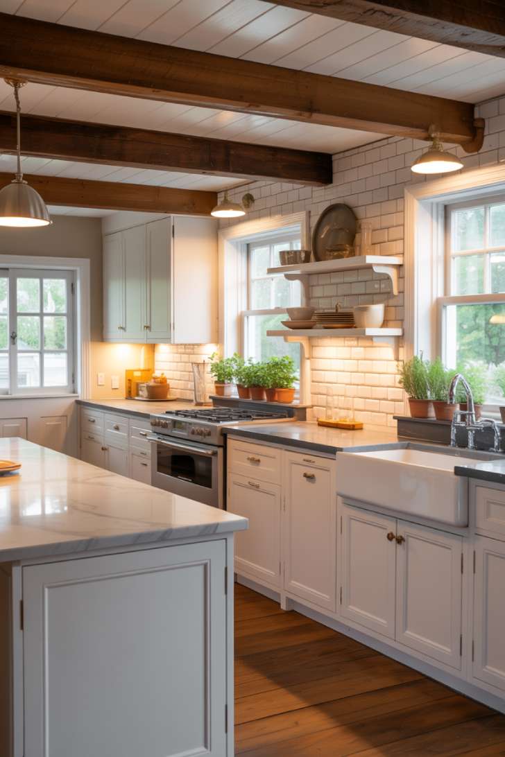 Cottage kitchen featuring white shaker cabinets with brass hardware and herringbone subway tile backsplash