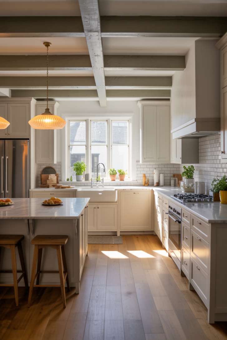Front view of cottage kitchen with gray-painted ceiling beams and brushed brass fixtures