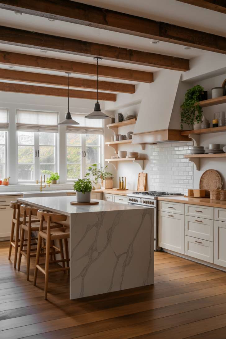 Complete modern cottage kitchen with floating shelves, woven baskets, and black metal pendant lights
