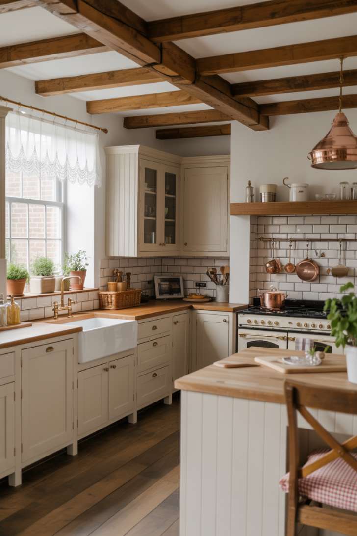 English cottage kitchen with cream shaker cabinets, butcher block island, and vintage range cooker