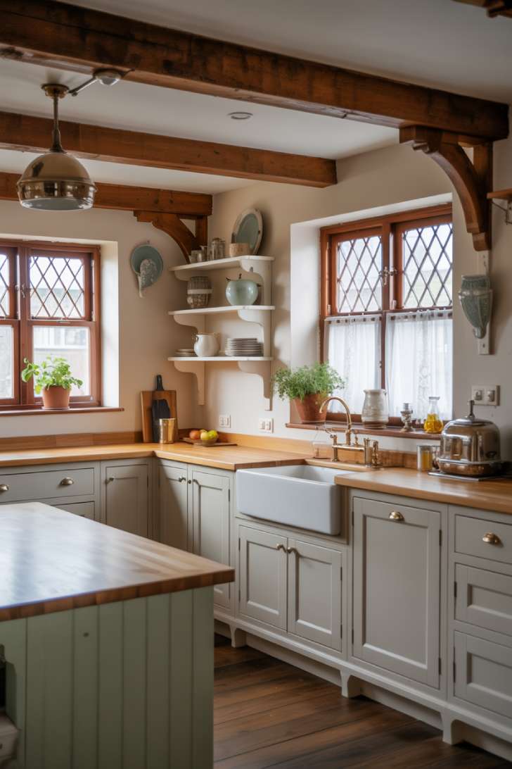 White cottage kitchen with diamond-paned windows, open shelving, and vintage ceramic displays