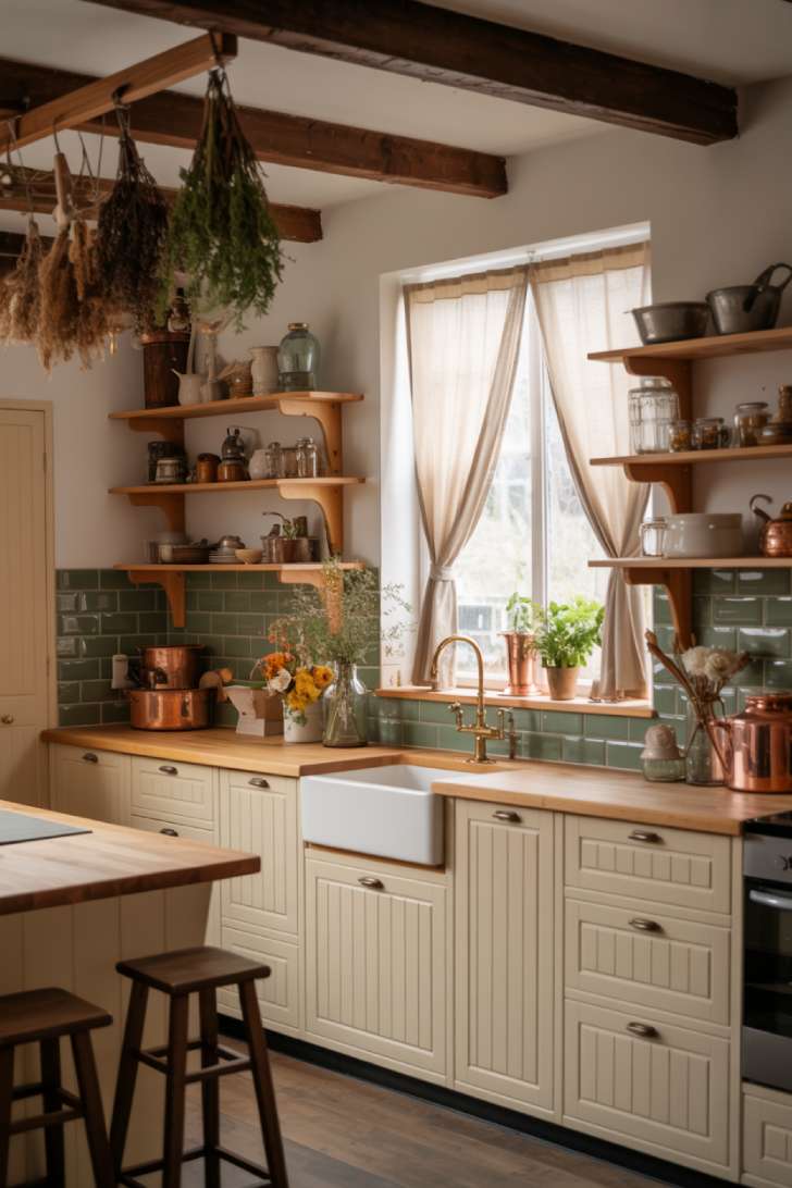 Cottage core kitchen with cream cabinets, dried herbs hanging from beams, and sage green subway tiles