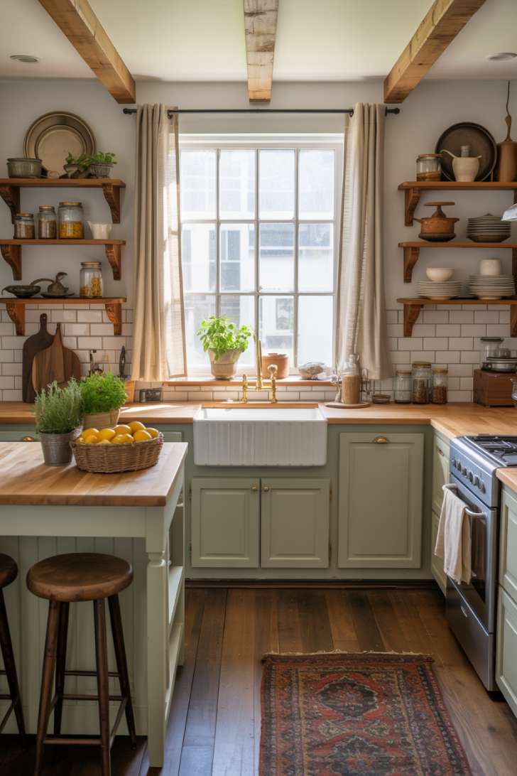 Modern cottage core kitchen with sage green cabinetry, vintage Persian runner, and herb garden
