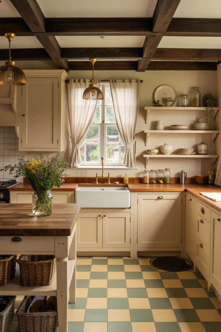 English cottage core kitchen with checkered sage and cream floor tiles and woven pendant shades