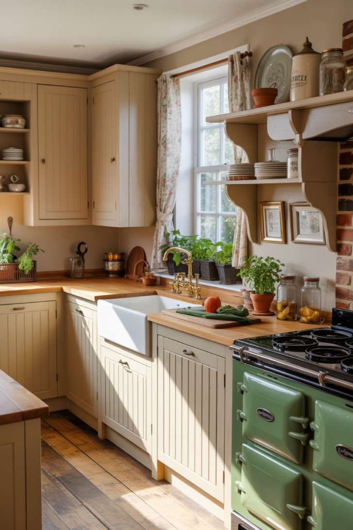 English cottage kitchen featuring cream cabinets and sage green AGA-style range cooker