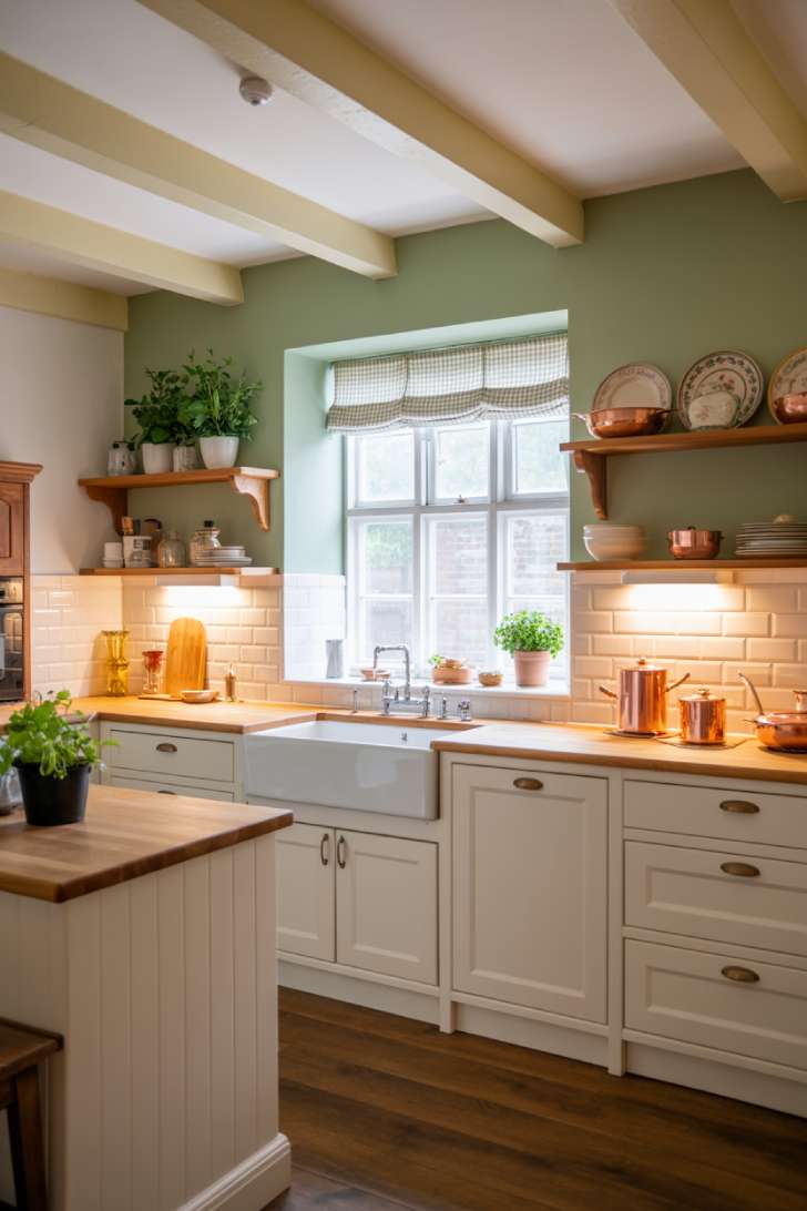 Modern English cottage kitchen with checkered curtains, soft cream beams, and copper cookware
