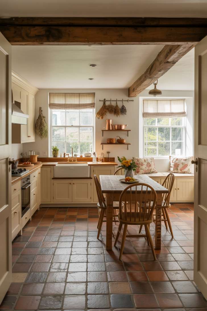 Spacious cottage kitchen and dining room with Windsor chairs, terracotta flooring, and herb bundles