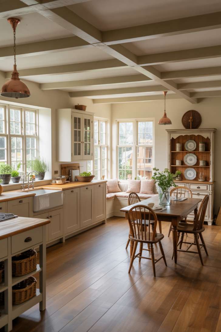 English cottage kitchen flowing into dining room with bay window reading nook and garden views