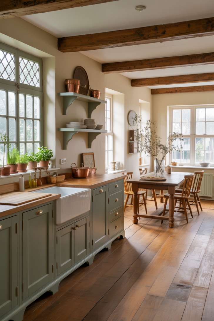English cottage kitchen and dining room with sage green cabinets, oak table, and latticed windows