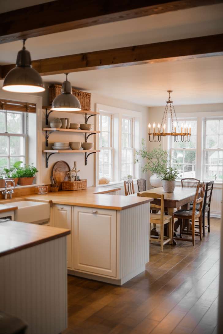 Cottage kitchen and dining room with mismatched vintage chairs and wrought iron chandelier