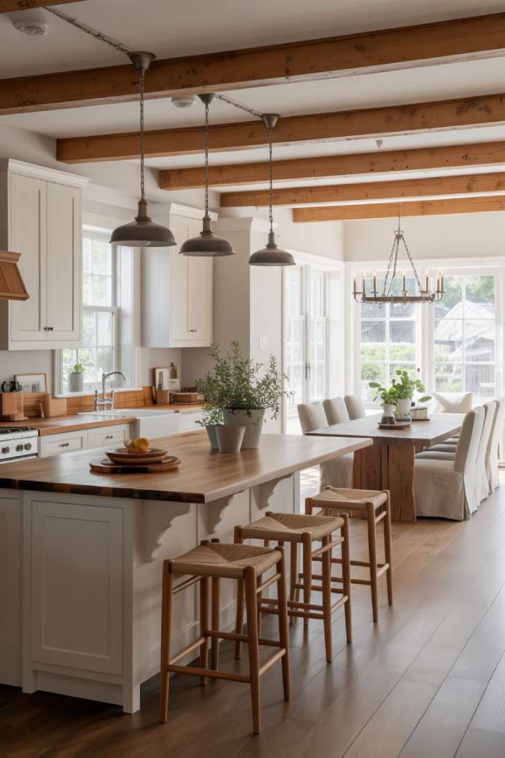 Modern cottage kitchen with vaulted ceilings, live-edge dining table, and upholstered linen chairs