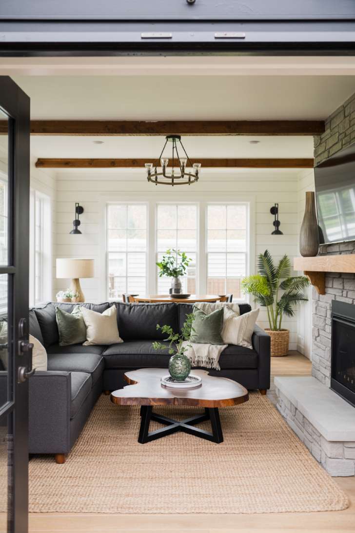Modern cottage living room featuring charcoal sectional and walnut coffee table