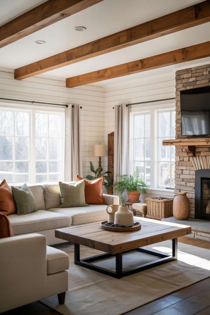 Living room with cream sectional, reclaimed wood table, and stone fireplace