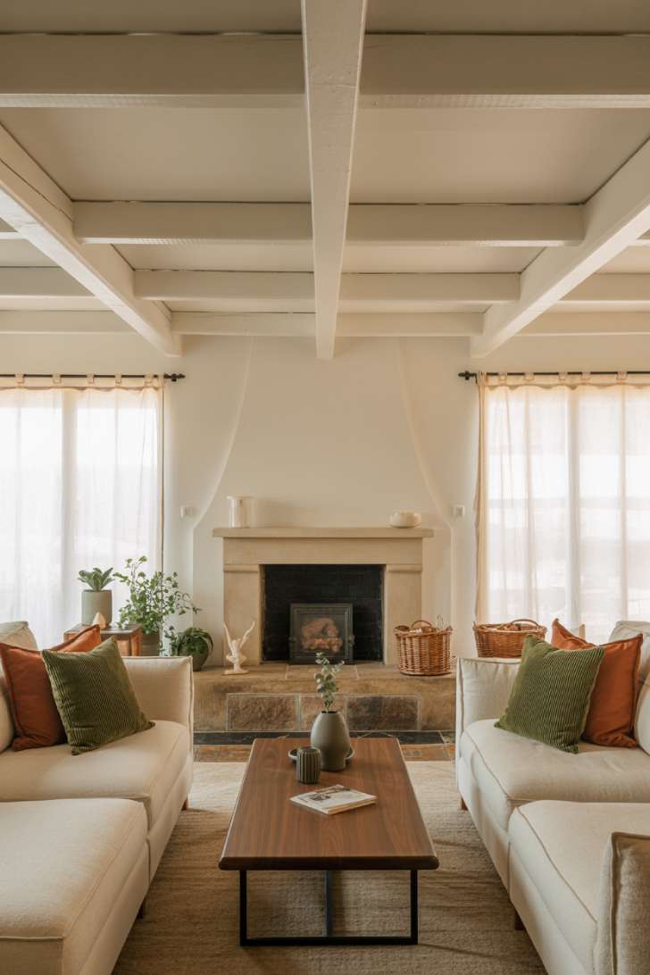 Contemporary cottage room with geometric coffee table legs and white beams
