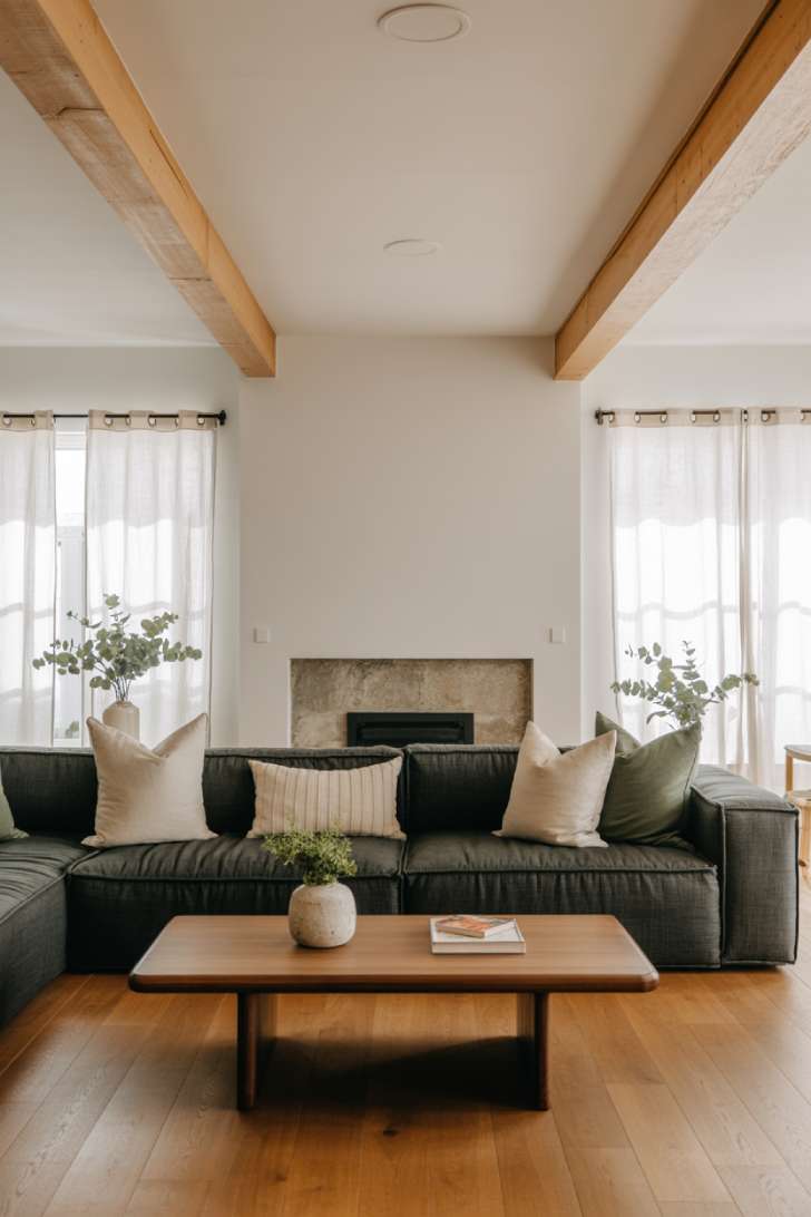 Modern room with charcoal sectional and potted eucalyptus plants