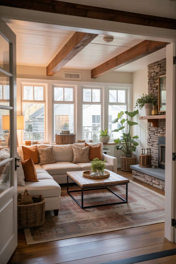 Cozy space with reclaimed wood table and vintage rug