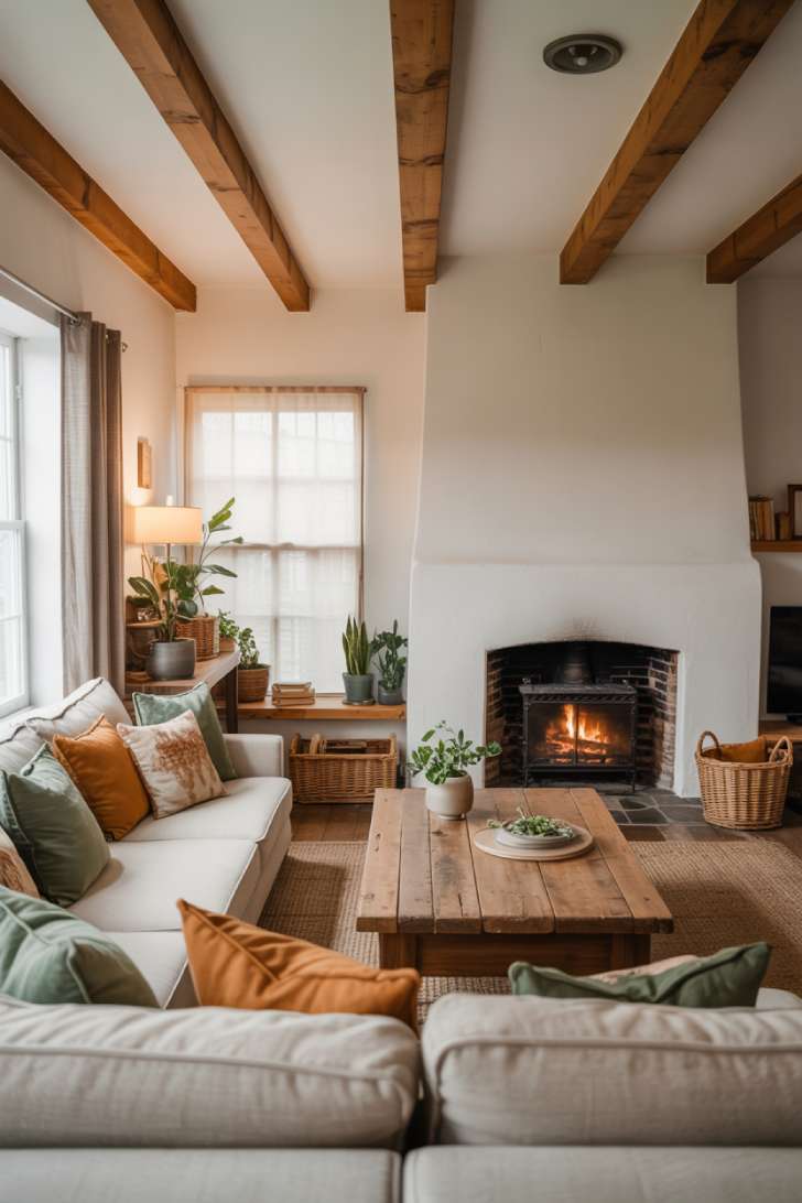Living room with stone fireplace and active fire
