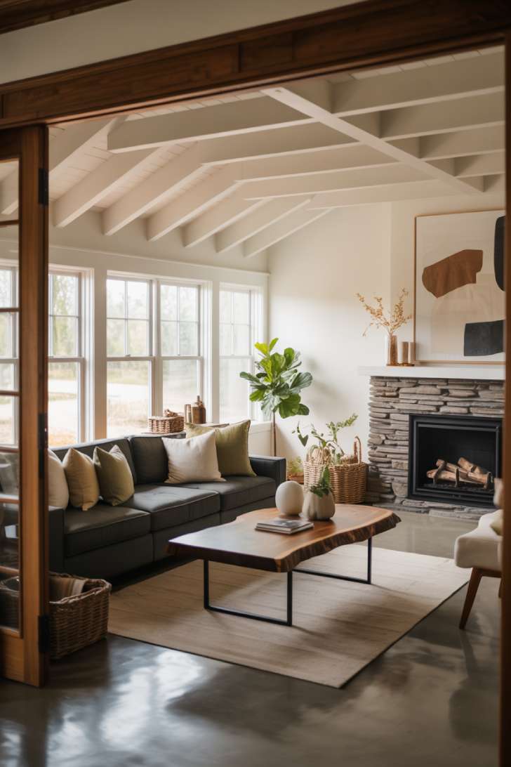 Contemporary cottage with concrete floors and fiddle leaf figs