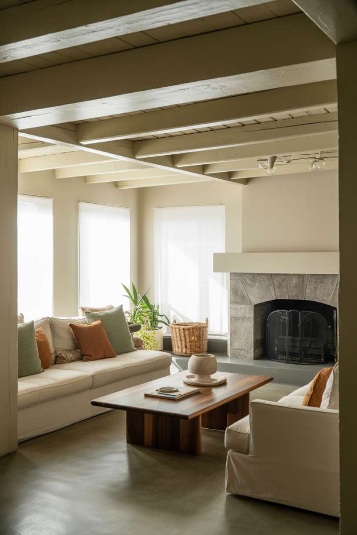 Room featuring walnut coffee table with live-edge detail