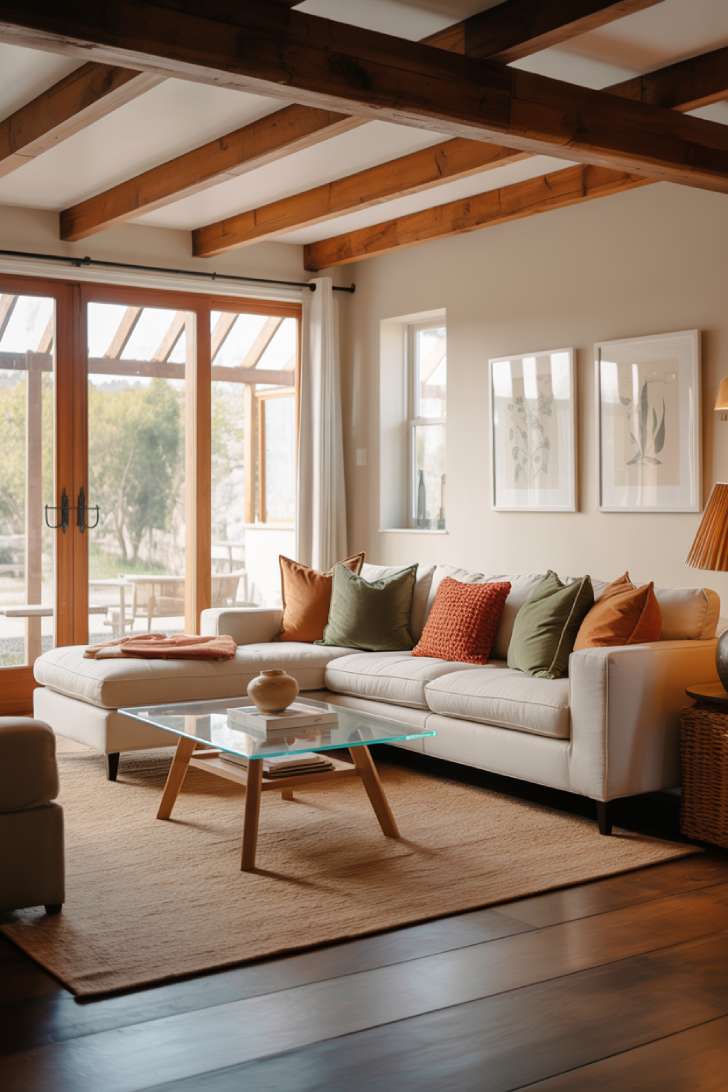 Modern design with glass coffee table and jute rug