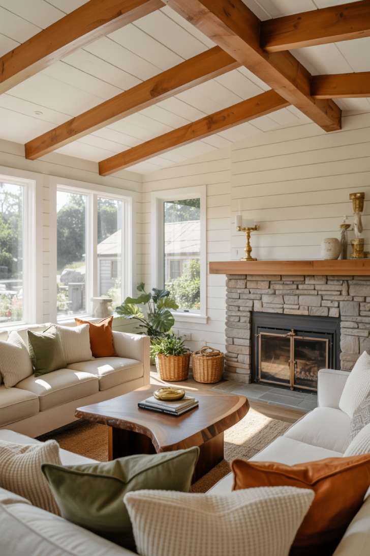 Living room with vintage brass elements and shiplap walls