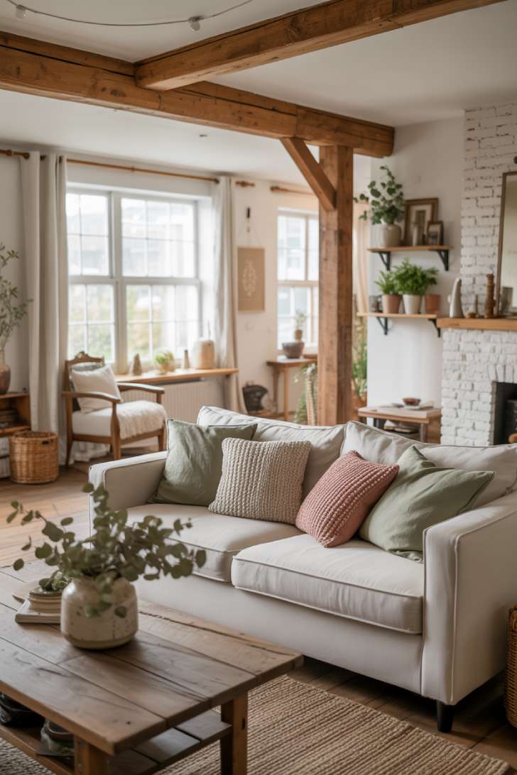 Cottagecore space with hand-knitted pillows and dried eucalyptus