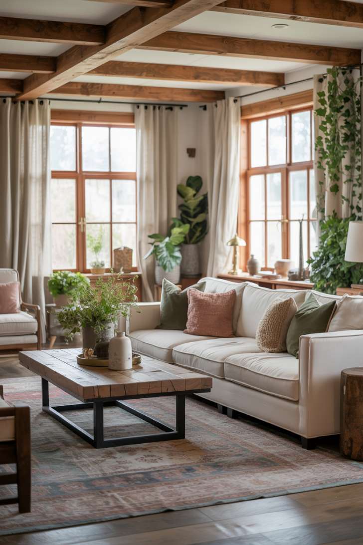 Modern cottagecore design with trailing ivy and fiddle leaf figs