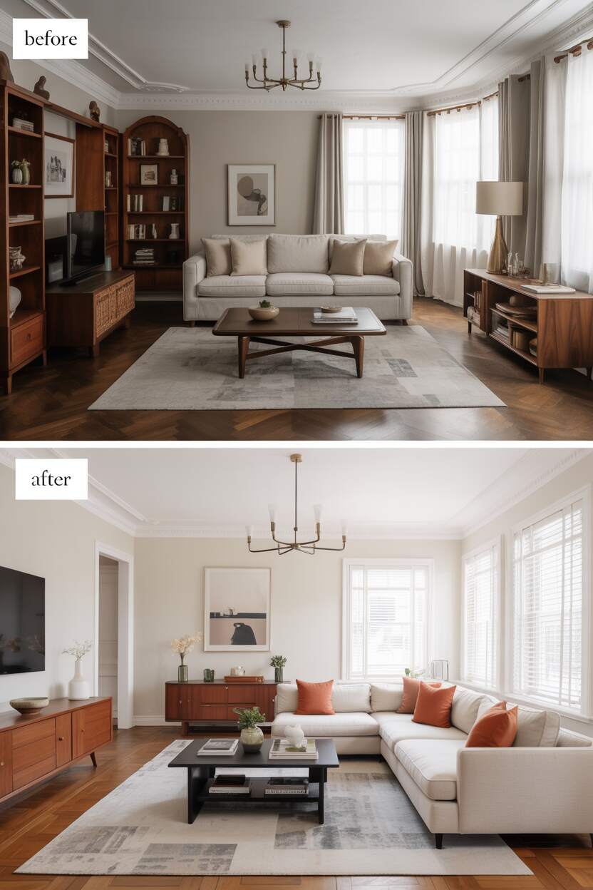 What is Modern Style Interior Design? Discover Its Benefits 7 Before and after of a living room transformed from traditional to modern style.