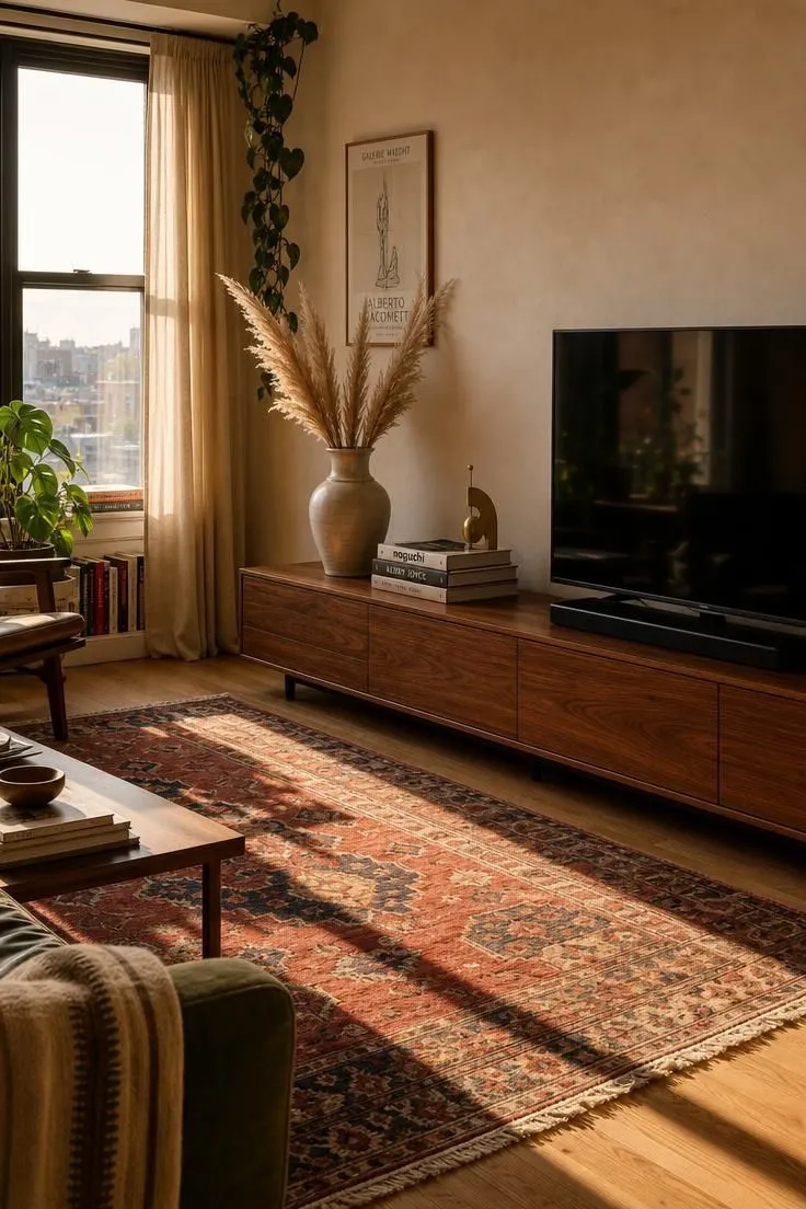 10 Modern Eclectic Apartment Ideas Full of Character 1 Walnut media console with a vintage kilim runner rug in a sunlit apartment living room.