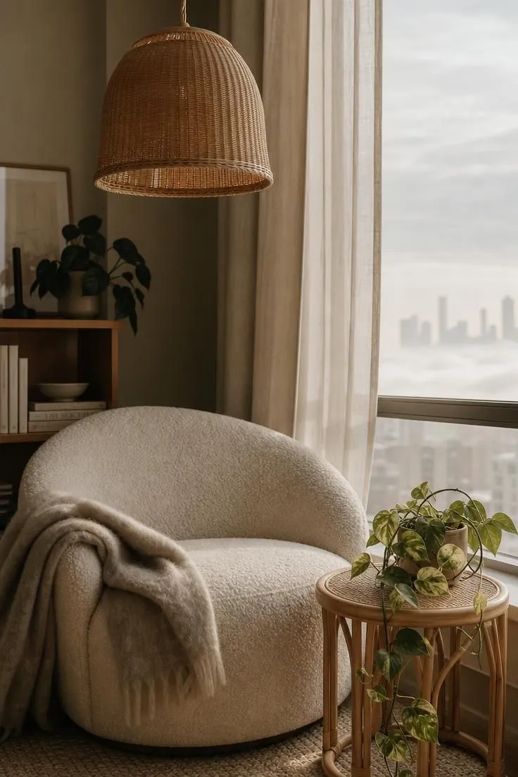 10 Modern Eclectic Apartment Ideas Full of Character 2 Curved bouclé accent chair under a rattan pendant light in an apartment reading corner.