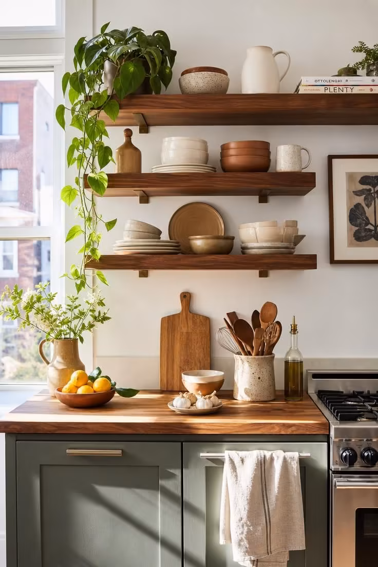 10 Modern Eclectic Apartment Ideas Full of Character 3 Open walnut shelving styled with stoneware and a trailing pothos in an apartment kitchen.