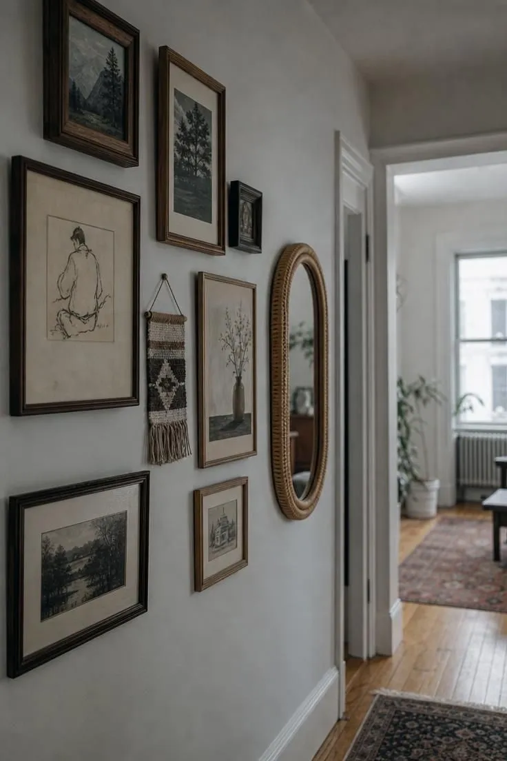 10 Modern Eclectic Apartment Ideas Full of Character 5 Asymmetrical gallery wall with thrifted frames and a woven wall hanging in an apartment hallway.