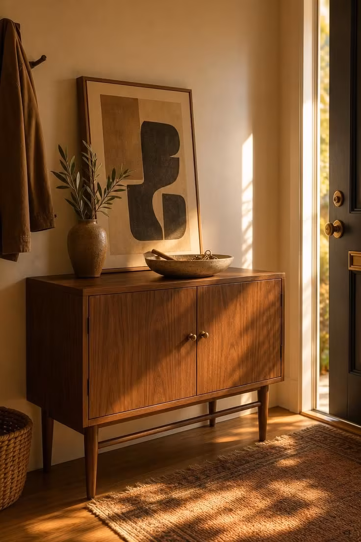 10 Modern Eclectic Apartment Ideas Full of Character 6 Mid-century walnut credenza with unlacquered brass hardware in a warmly lit apartment entryway.
