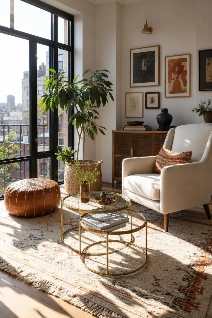 10 Modern Eclectic Apartment Ideas Full of Character 7 Leather Moroccan pouf and brass nesting tables in a sunlit apartment reading nook.