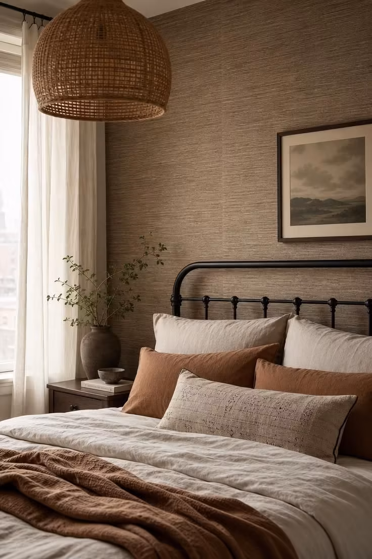10 Modern Eclectic Apartment Ideas Full of Character 8 Taupe grasscloth accent wall behind a black iron bed frame in an apartment bedroom.