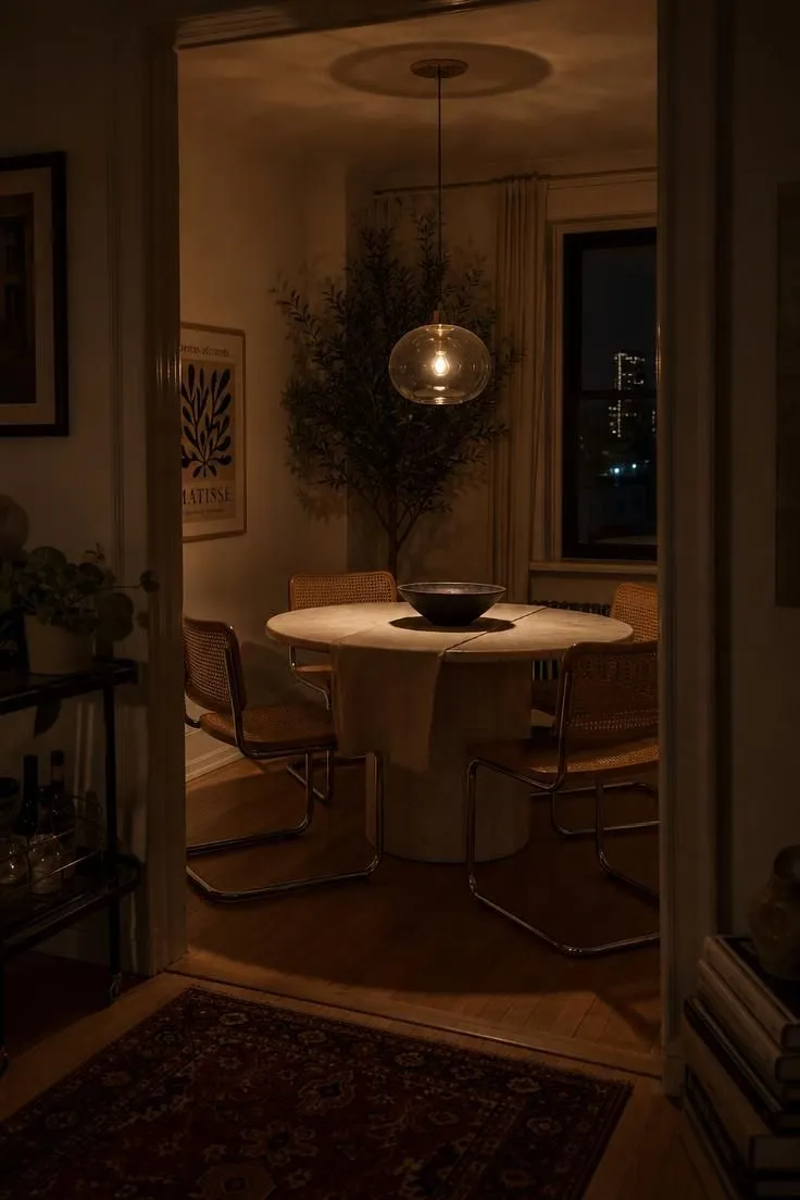 10 Modern Eclectic Apartment Ideas Full of Character 9 Glass globe pendant above a round travertine dining table with rattan chairs in an apartment.