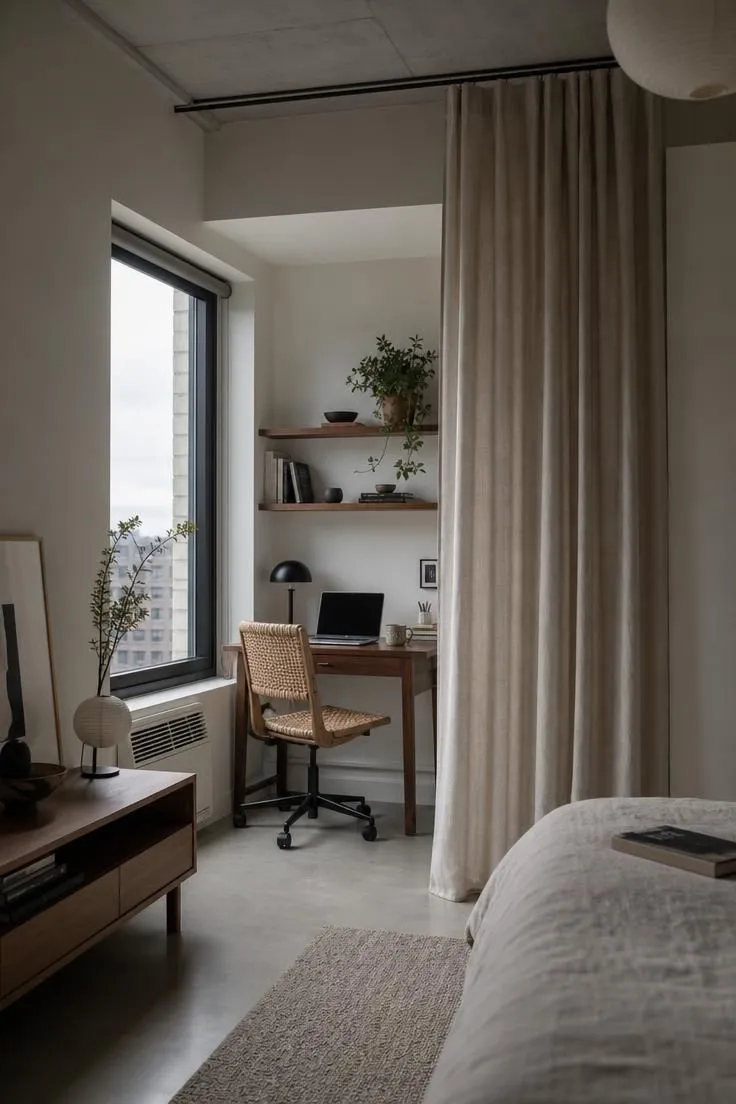 10 Modern Eclectic Apartment Ideas Full of Character 10 Linen curtain room divider framing a compact home office nook in a studio apartment.