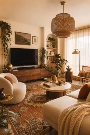 Modern eclectic apartment living room with walnut furniture, brass lighting, and layered vintage textiles.